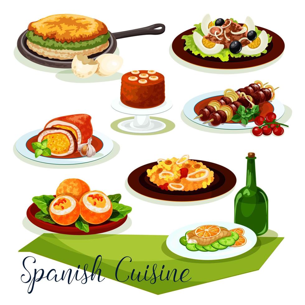 diseño de iconos de la cocina española con carnes y mariscos vector