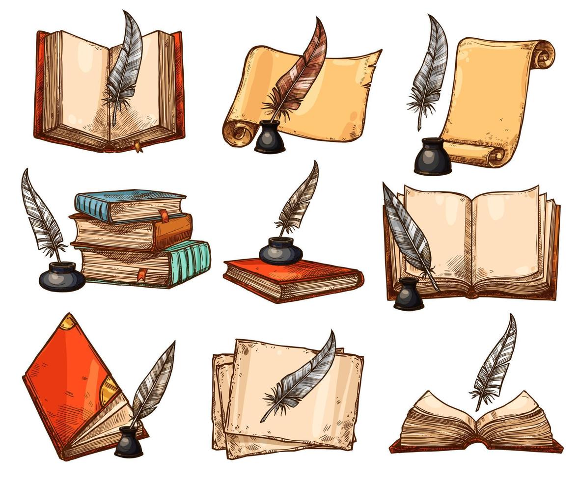 Old book, paper scroll and feather pen sketch set vector