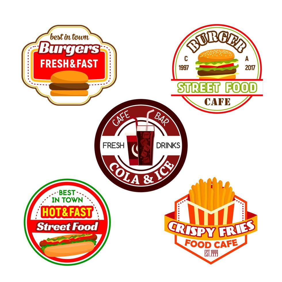 Fast food burger snack and soda drink label design vector