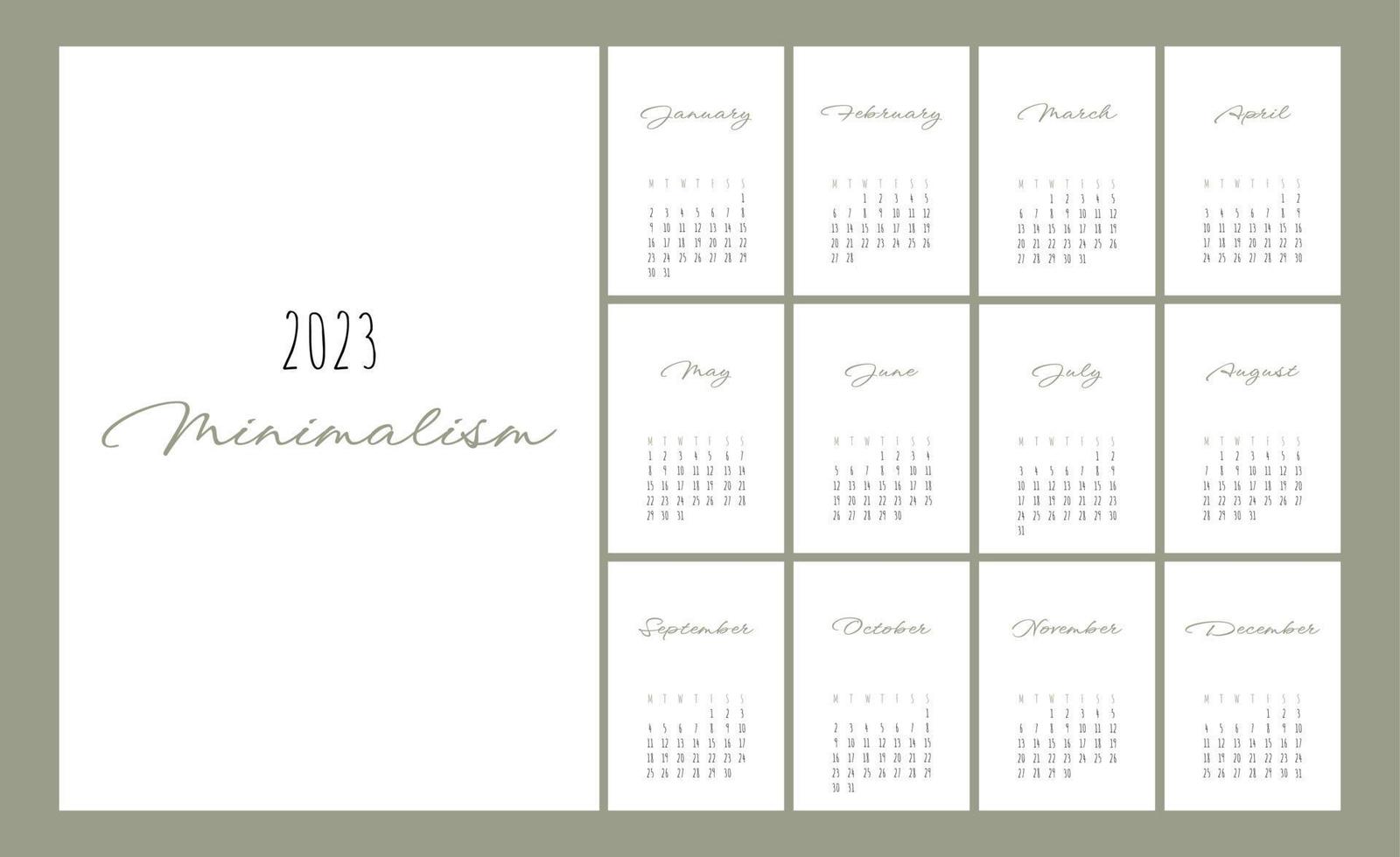 Calendar 2023 Trendy Minimalist Style. Set of 12 pages desk calendar. 2022 minimal calendar planner design for printing template. vector illustration