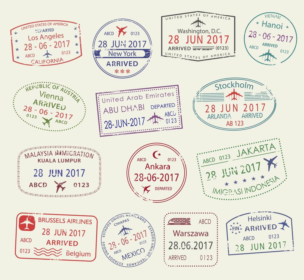 Vector icons of city passport stamps world travel