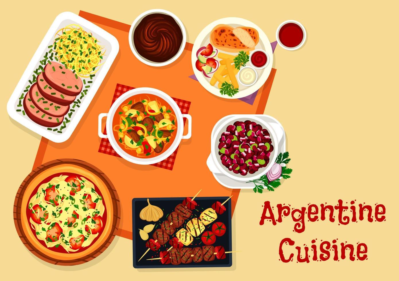 Argentine cuisine lunch menu with dessert icon vector