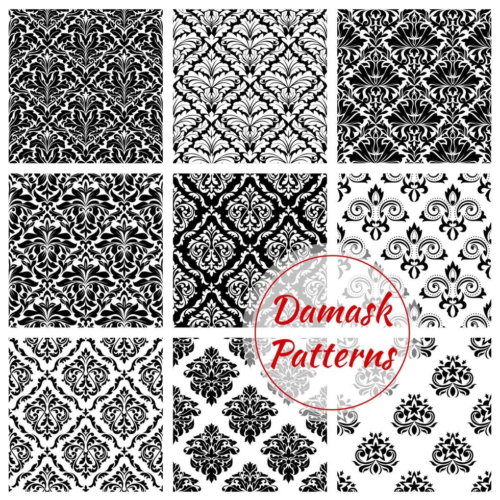 Black and white damask floral seamless pattern vector
