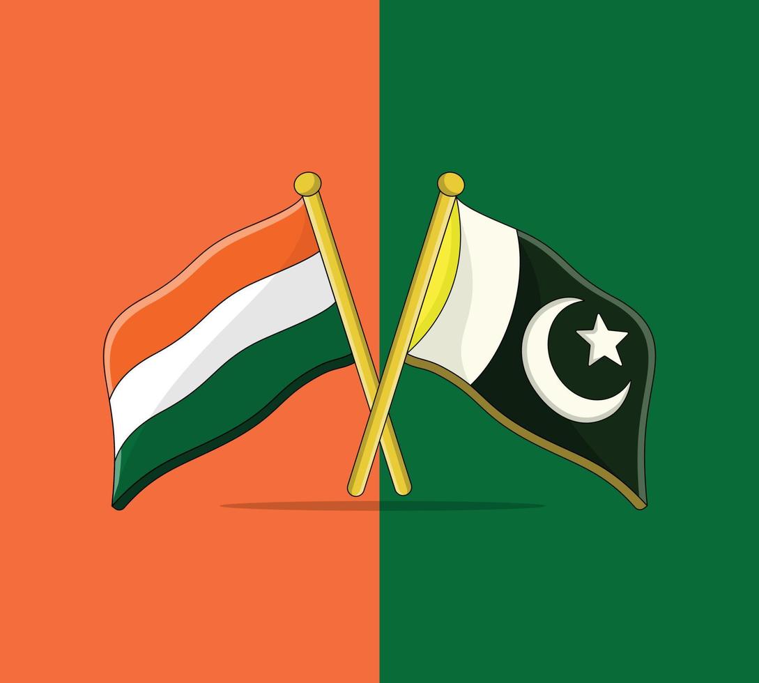 14th august and 15th august 75 year anniversary flag design. Pakistan and India crossed flags vector illustration.