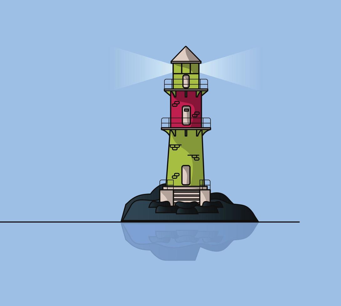 Flat lighthouse building with small mountains illustration. Lighthouse, sea landscape view vector design.