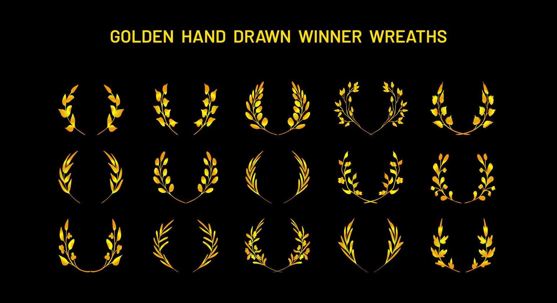 bocetos simples dibujados a mano de coronas de victoria doradas de fantasía, coronas de laurel. colección de elementos de diseño vector