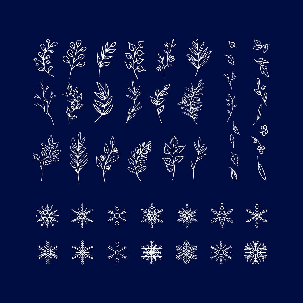 Collection of Various Twigs, Leaves, Ornate Snowflakes, White Symbols on Dark Blue Background, for Winter Designs vector