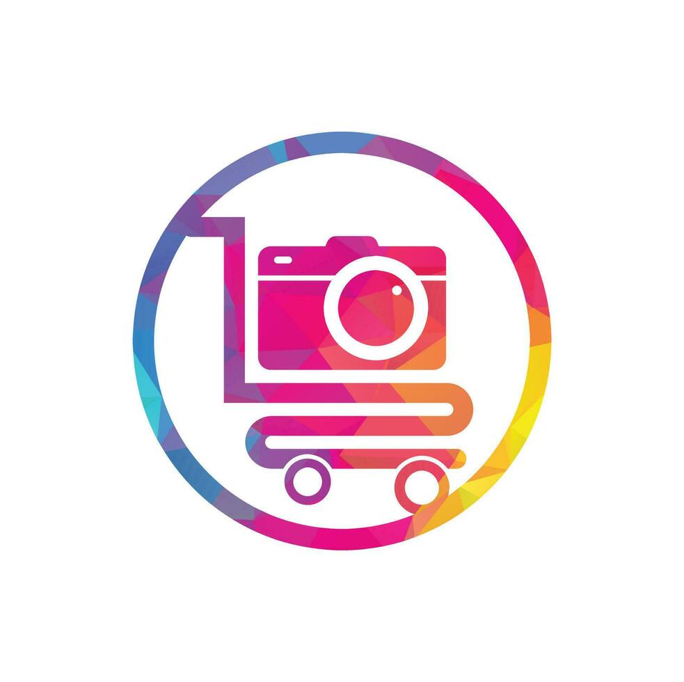 icono vectorial del logotipo de la tienda de cámaras. carrito de compras con plantilla de diseño de logotipo de lente de cámara. vector