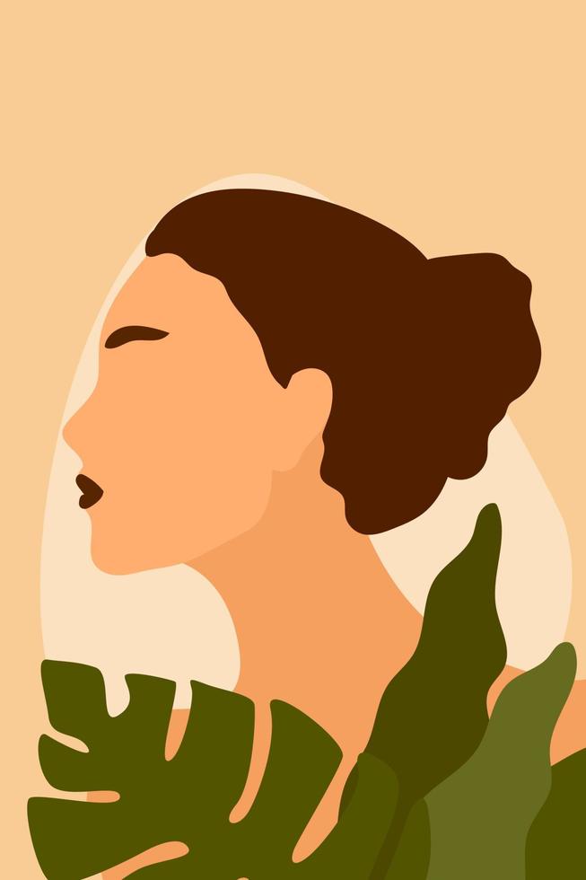 cara de niña adolescente. retrato boho minimalista abstracto para decoración de arte de pared de dormitorio de niña adolescente, impresión de camiseta de fiesta de niñas, etc., póster de tienda, etc. vector