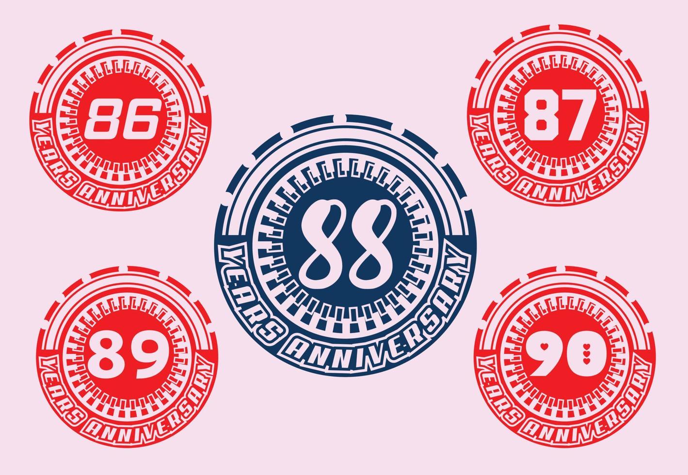 Diseño de logotipo y pegatina de aniversario de 86 a 90 años. vector