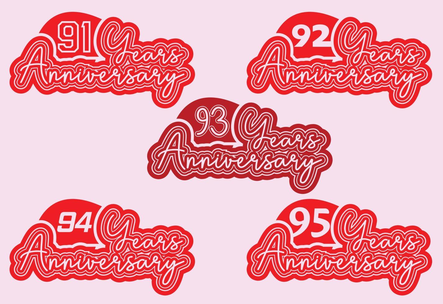 91 to 95 years anniversary logo and sticker design vector