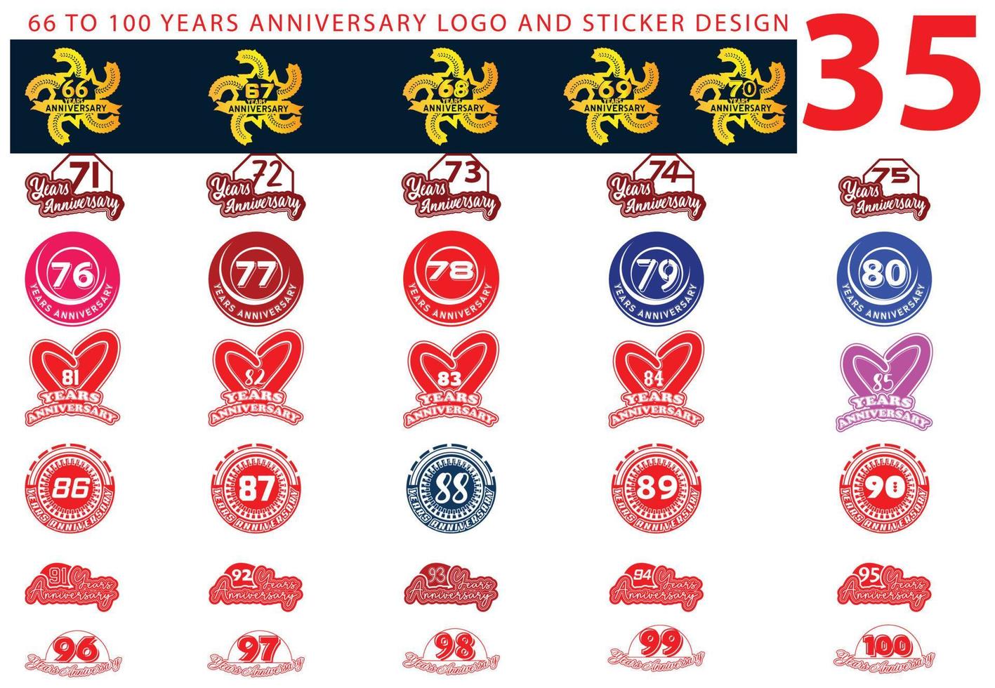 66 to 100 years anniversary logo and sticker design bundle vector