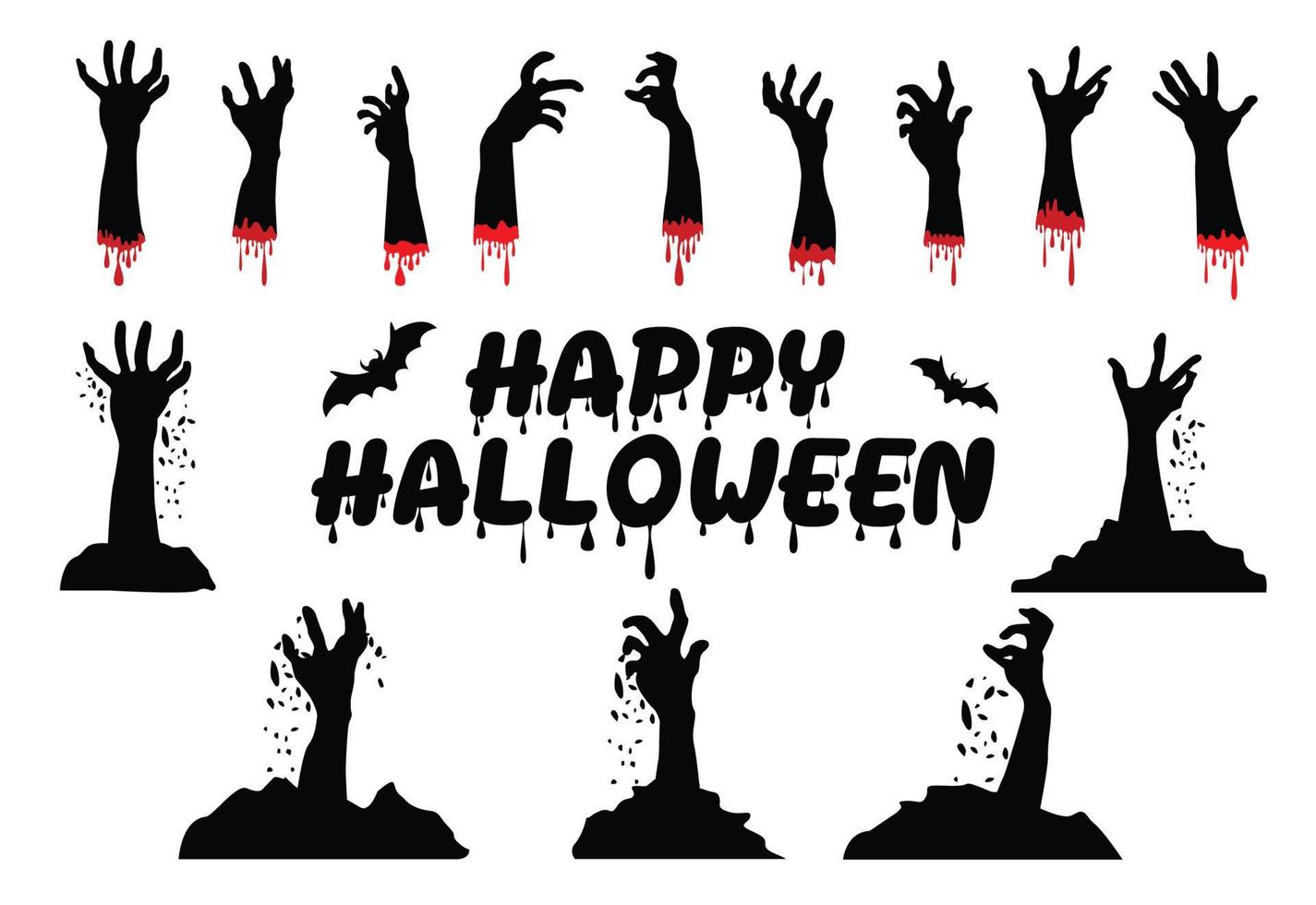 feliz halloween, texto y murciélagos, manos zombies, tema de halloween, ilustración vectorial. vector