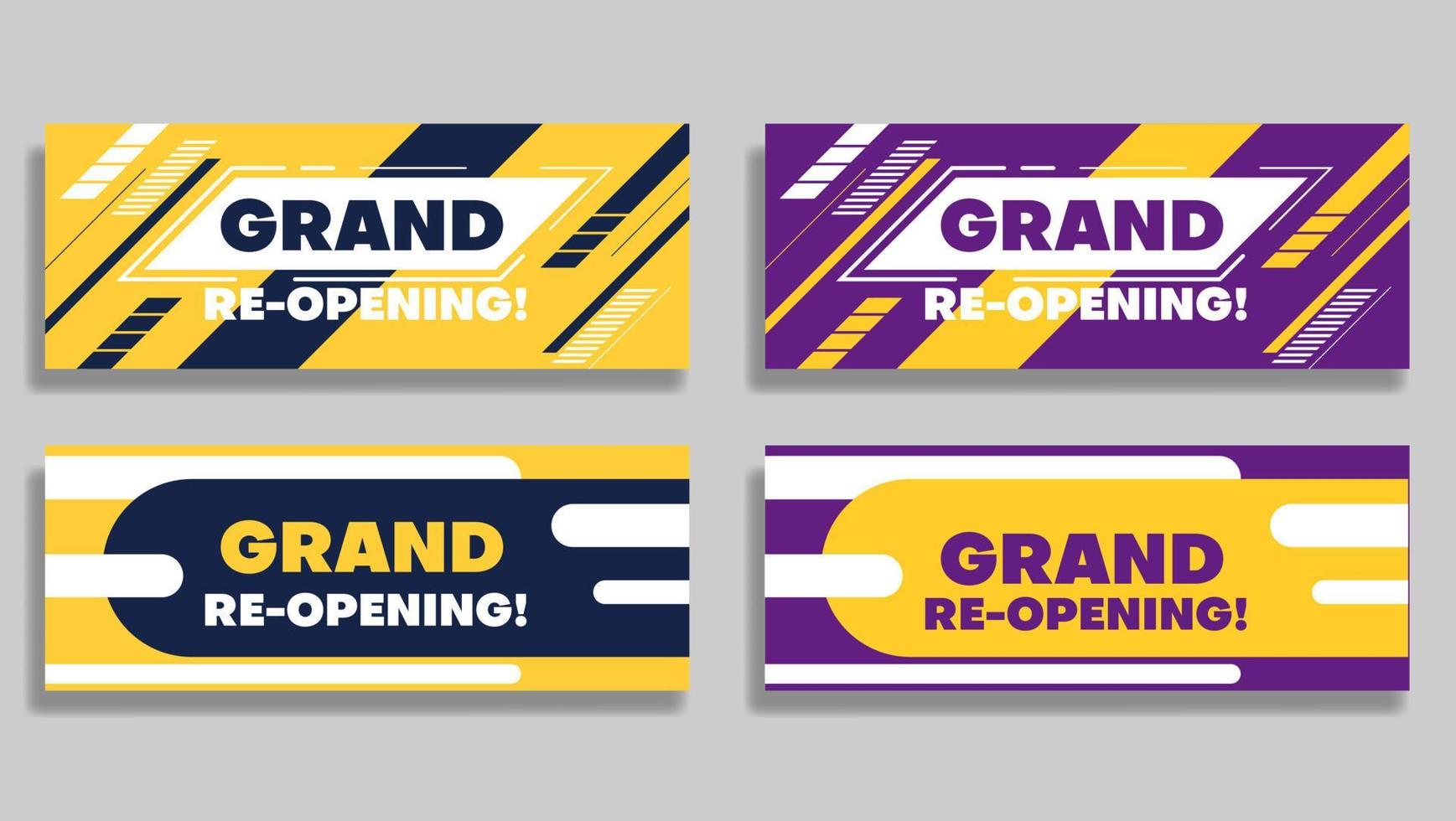 set of grand re-opening banner background with flat shapes in yellow, purple and dark blue color vector