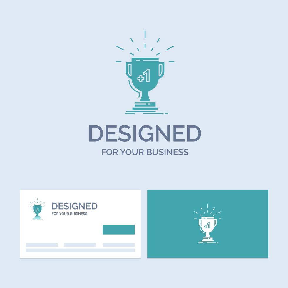 award. trophy. win. prize. first Business Logo Glyph Icon Symbol for your business. Turquoise Business Cards with Brand logo template. vector