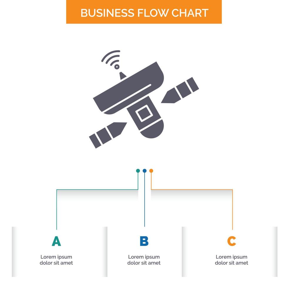 satélite. antena. Radar. espacio. diseño de diagrama de flujo empresarial de señal con 3 pasos. icono de glifo para el lugar de plantilla de fondo de presentación para texto. vector