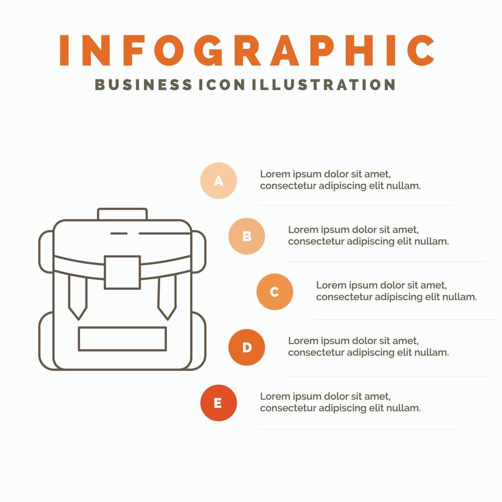 bolsa. cámping. cremallera. senderismo. plantilla de infografía de equipaje para sitio web y presentación. icono de línea gris con ilustración de vector de estilo infográfico naranja