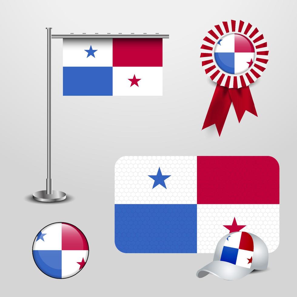 Panama Country Flag haning on pole. Ribbon Badge Banner. sports Hat and Round Button vector