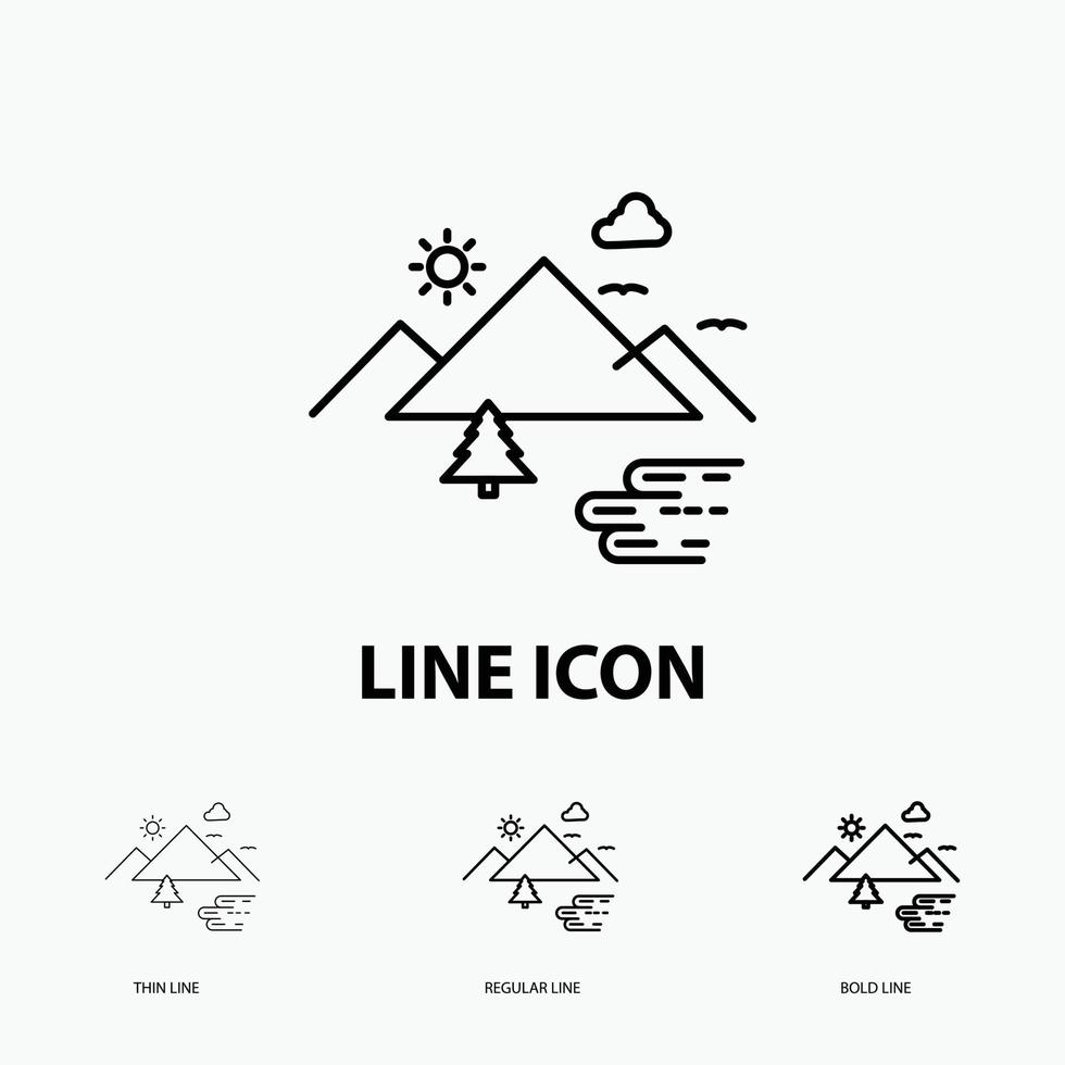 Mountains. Nature. Outdoor. Clouds. Sun Icon in Thin. Regular and Bold Line Style. Vector illustration