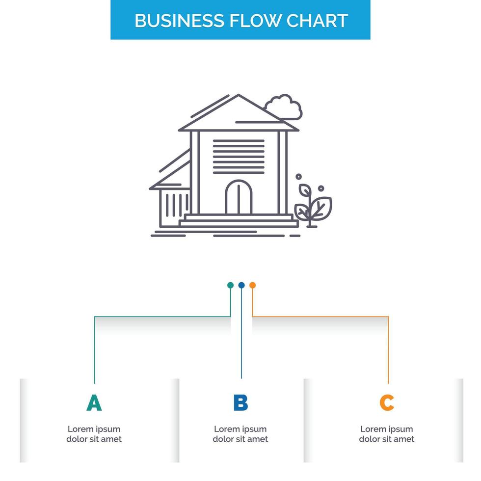 hogar. casa. Departamento. edificio. diseño de diagrama de flujo de negocios de oficina con 3 pasos. icono de línea para el lugar de plantilla de fondo de presentación para texto vector