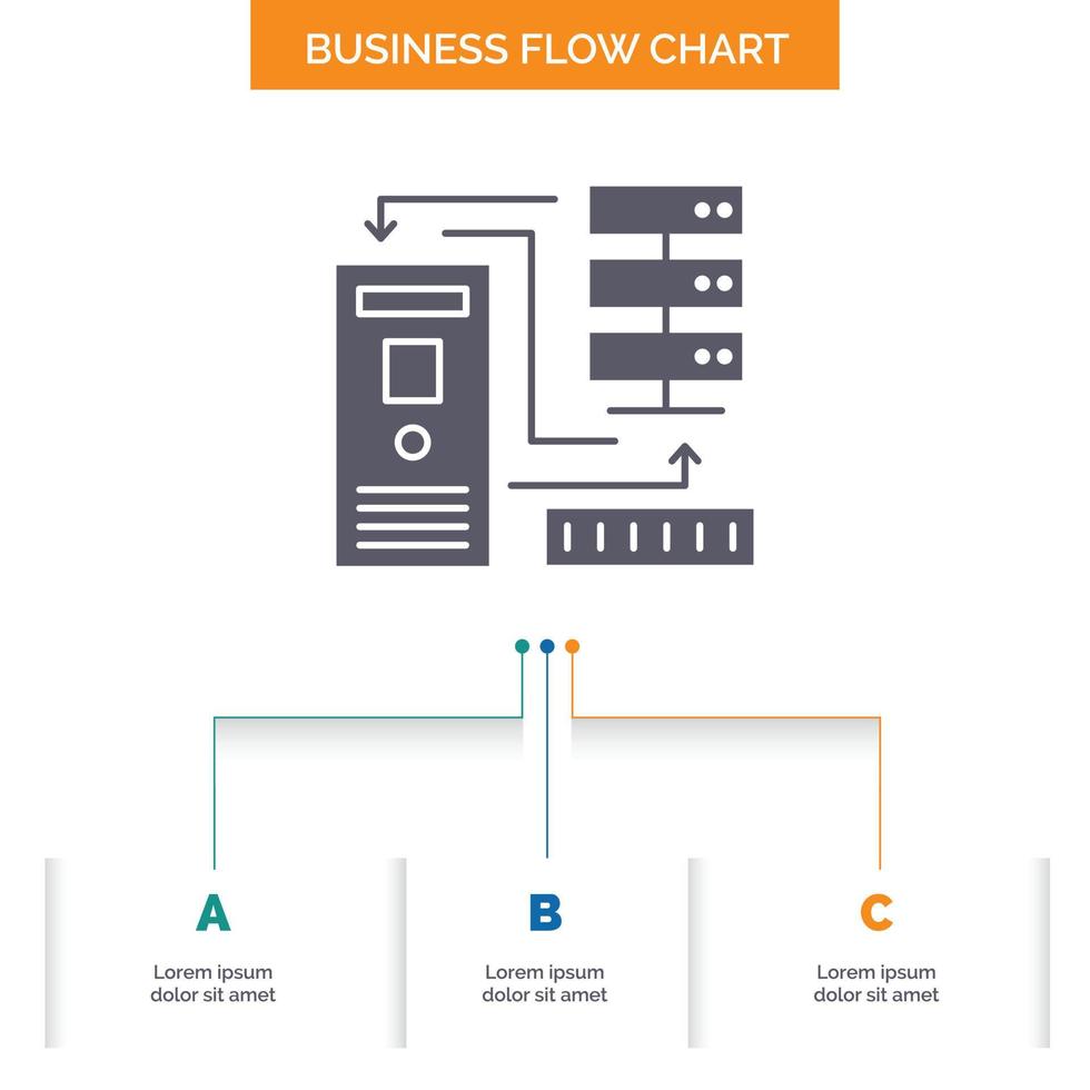 combinación. datos. base de datos. electrónico. diseño de diagrama de flujo de negocios de información con 3 pasos. icono de glifo para el lugar de plantilla de fondo de presentación para texto. vector