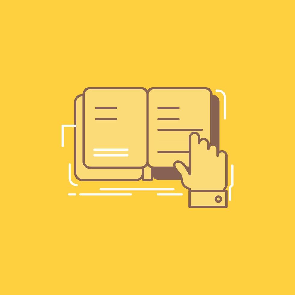 book. lesson. study. literature. reading Flat Line Filled Icon. Beautiful Logo button over yellow background for UI and UX. website or mobile application vector