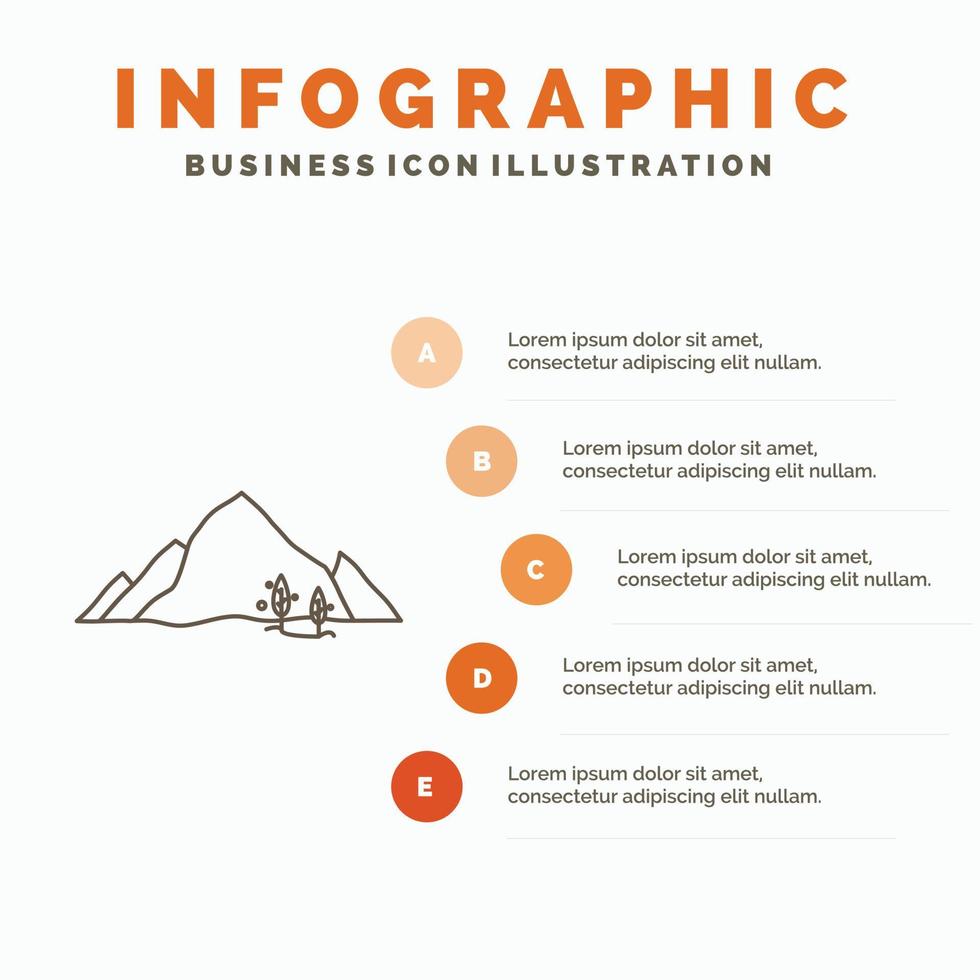 montaña. paisaje. Cerro. naturaleza. plantilla de infografía de árbol para sitio web y presentación. icono de línea gris con ilustración de vector de estilo infográfico naranja