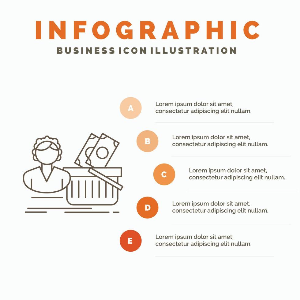 salario. compras. cesta. compras. plantilla de infografía femenina para sitio web y presentación. icono de línea gris con ilustración de vector de estilo infográfico naranja