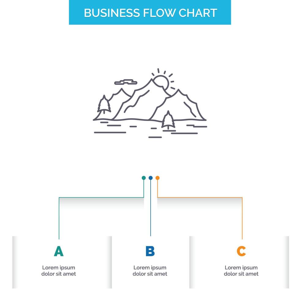 Mountain. hill. landscape. nature. tree Business Flow Chart Design with 3 Steps. Line Icon For Presentation Background Template Place for text vector