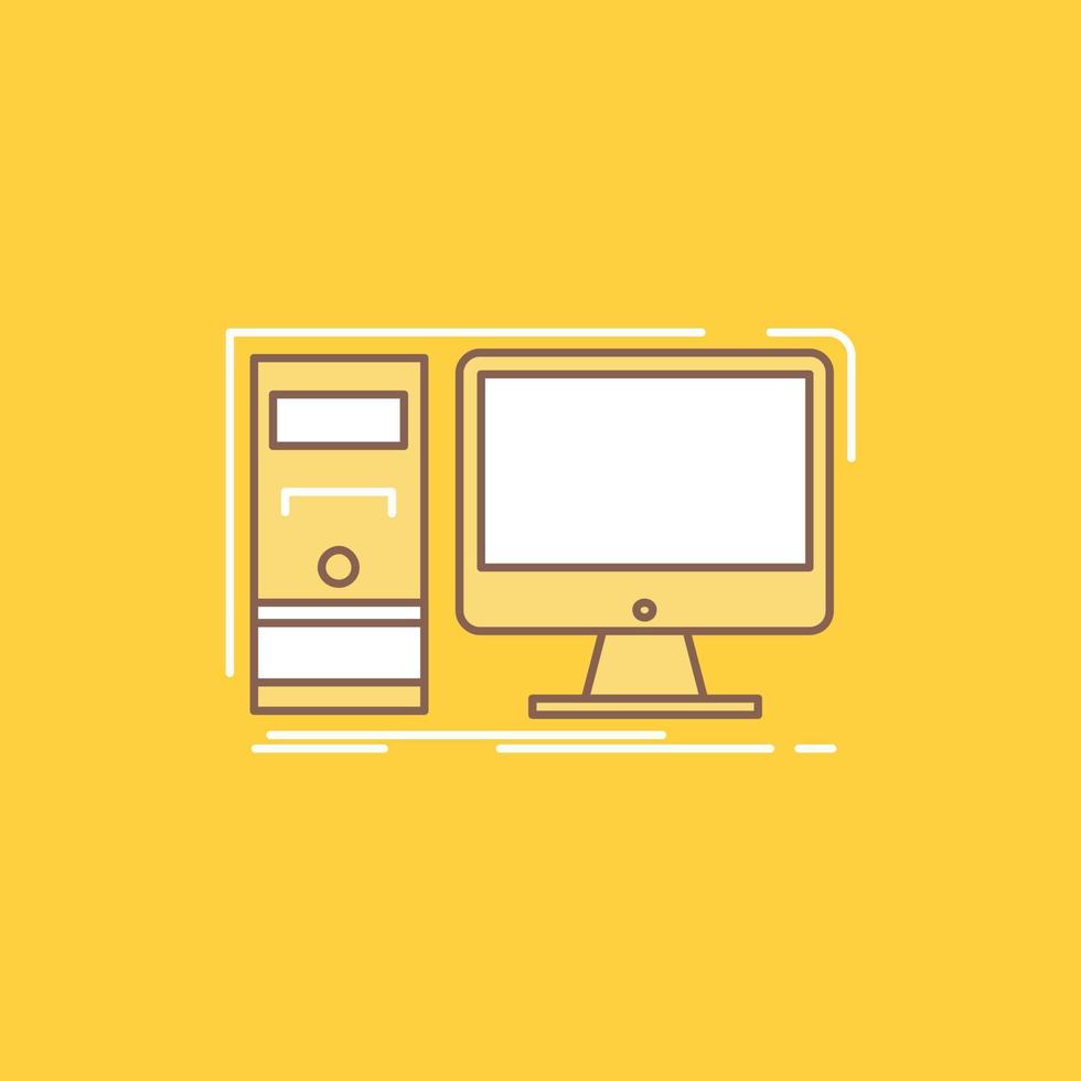 computadora. escritorio. hardware. puesto de trabajo. icono lleno de línea plana del sistema. hermoso botón de logotipo sobre fondo amarillo para ui y ux. sitio web o aplicación móvil vector