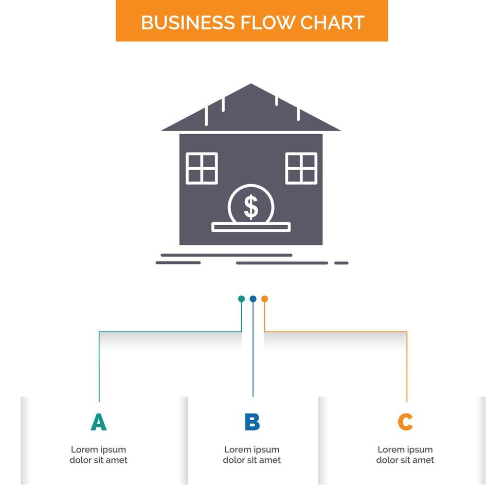 Deposit. safe. savings. Refund. bank Business Flow Chart Design with 3 Steps. Glyph Icon For Presentation Background Template Place for text. vector