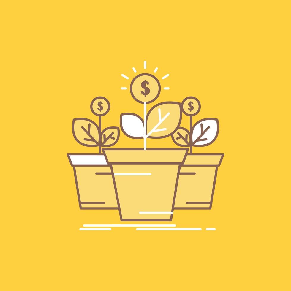 crecimiento. dinero. planta. maceta. icono lleno de línea plana de árbol. hermoso botón de logotipo sobre fondo amarillo para ui y ux. sitio web o aplicación móvil vector