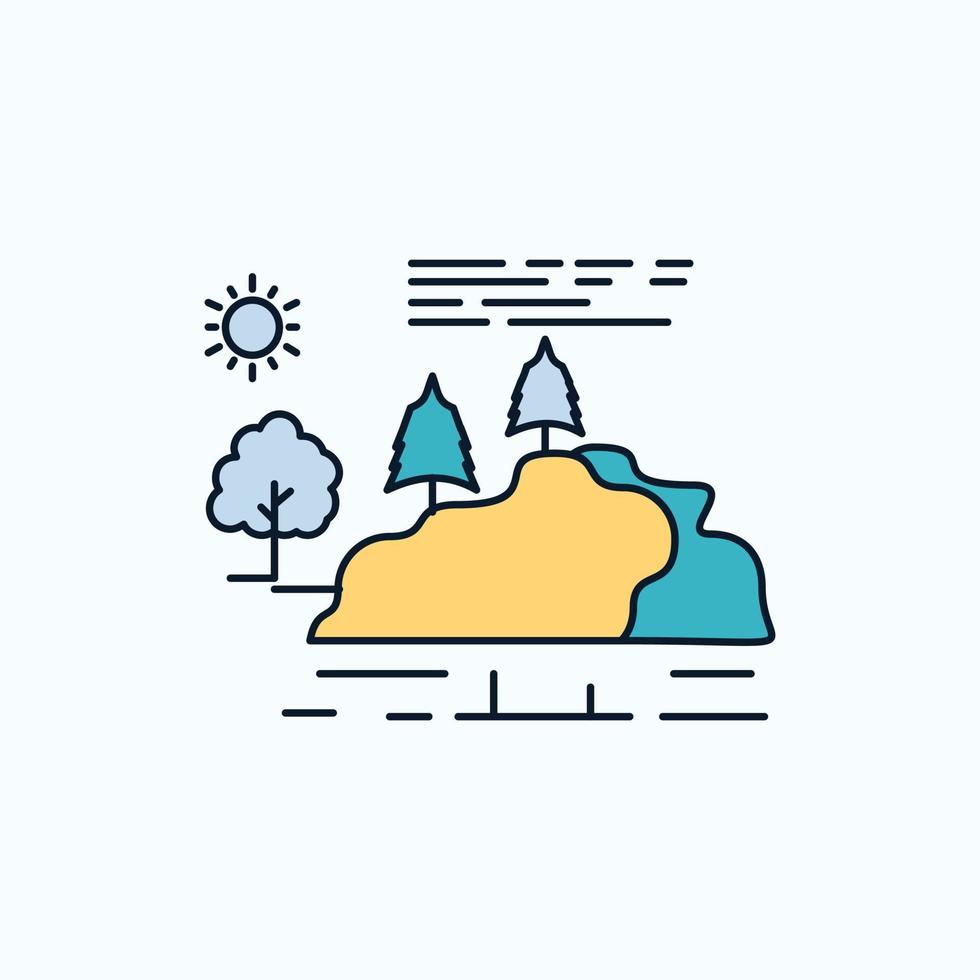 Cerro. paisaje. naturaleza. montaña. icono plano de lluvia. signo y símbolos verdes y amarillos para el sitio web y la aplicación móvil. ilustración vectorial vector