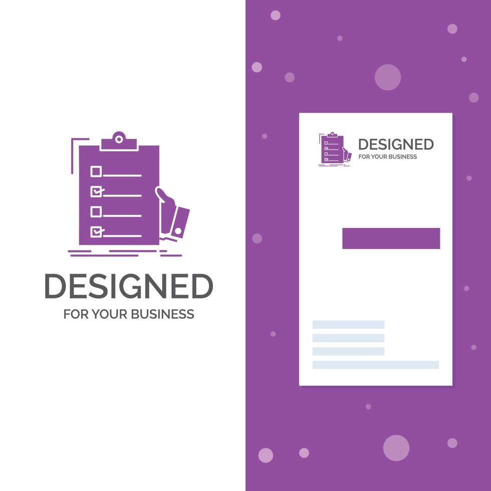 Business Logo for checklist. check. expertise. list. clipboard. Vertical Purple Business .Visiting Card template. Creative background vector illustration