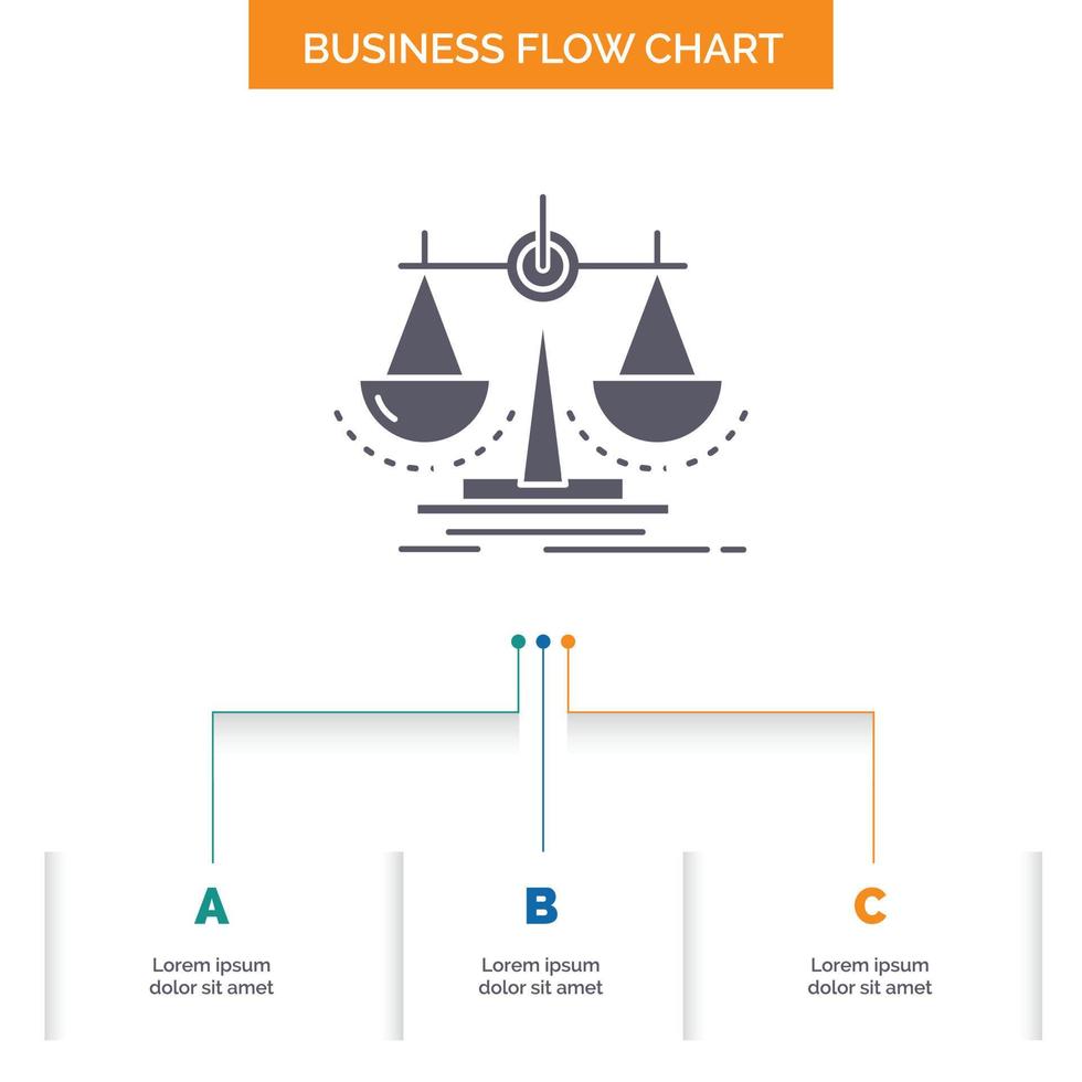 balance. decisión. justicia. ley. diseño de diagrama de flujo empresarial a escala con 3 pasos. icono de glifo para el lugar de plantilla de fondo de presentación para texto. vector