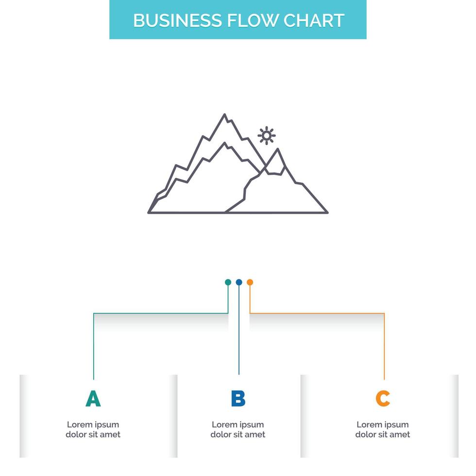 mountain. landscape. hill. nature. tree Business Flow Chart Design with 3 Steps. Line Icon For Presentation Background Template Place for text vector