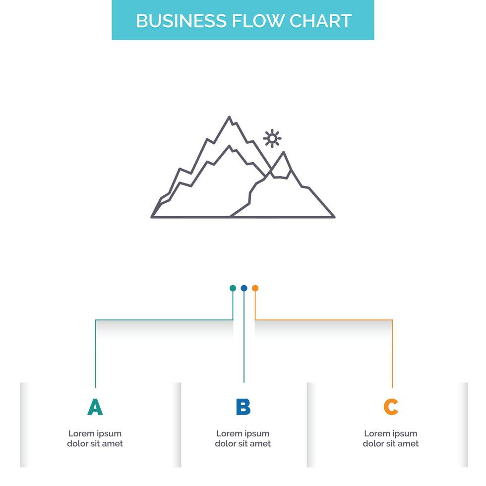 montaña. paisaje. Cerro. naturaleza. diseño de diagrama de flujo de negocio de árbol con 3 pasos. icono de línea para el lugar de plantilla de fondo de presentación para texto vector
