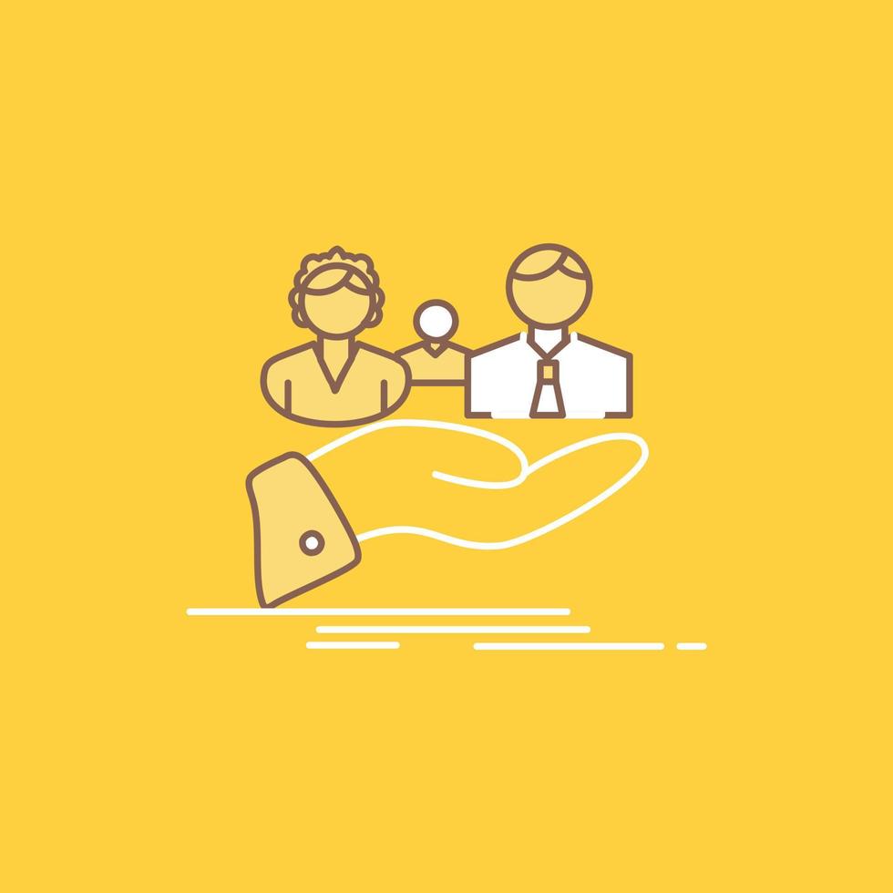 seguro. salud. familia. vida. icono lleno de línea plana de mano. hermoso botón de logotipo sobre fondo amarillo para ui y ux. sitio web o aplicación móvil vector