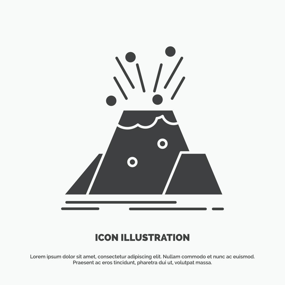 desastre. erupción. volcán. alerta. icono de seguridad. símbolo gris vectorial de glifo para ui y ux. sitio web o aplicación móvil vector