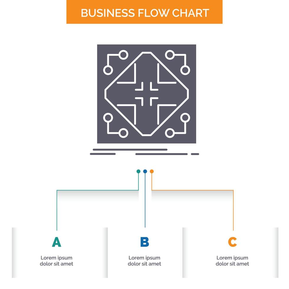 datos. infraestructura. la red. matriz. diseño de diagrama de flujo de negocios de cuadrícula con 3 pasos. icono de glifo para el lugar de plantilla de fondo de presentación para texto. vector