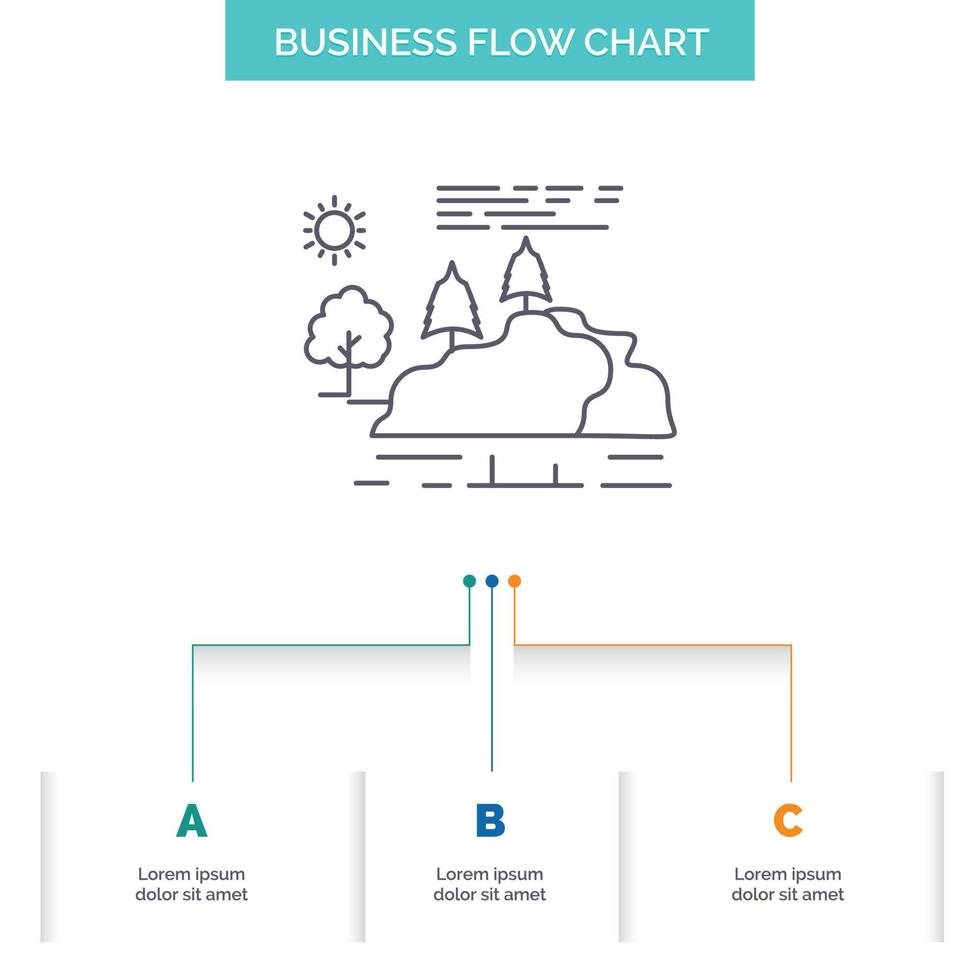 Cerro. paisaje. naturaleza. montaña. diseño de diagrama de flujo de negocios de lluvia con 3 pasos. icono de línea para el lugar de plantilla de fondo de presentación para texto vector