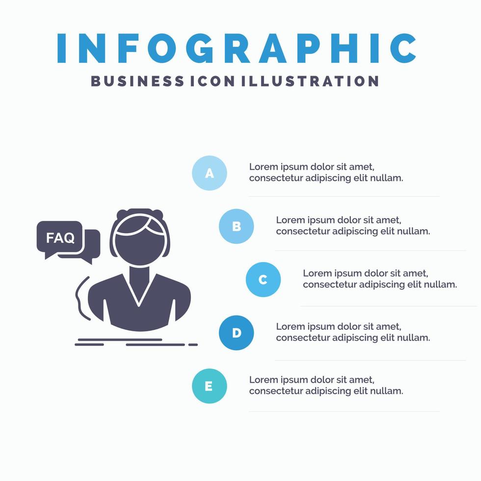 Preguntas más frecuentes. asistencia. llamar. consulta. plantilla de infografía de ayuda para sitio web y presentación. icono de glifo gris con ilustración de vector de estilo infográfico azul.