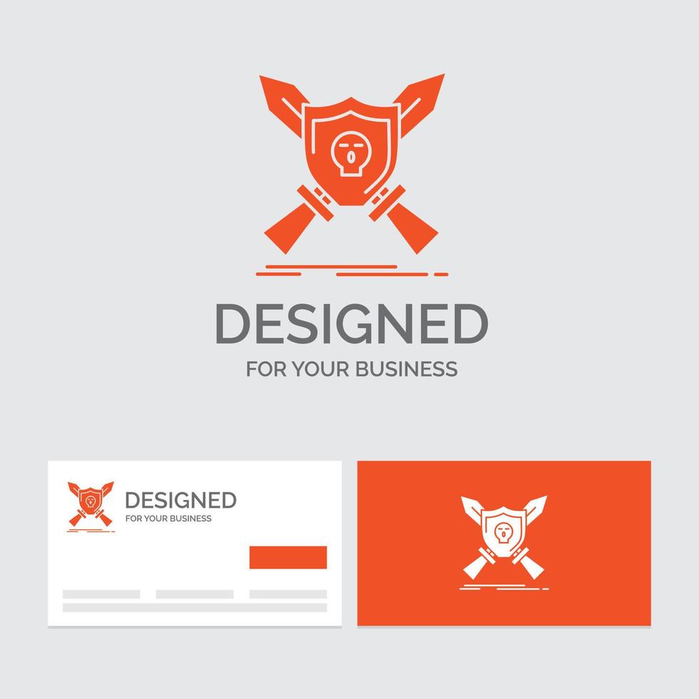 plantilla de logotipo de empresa para placa. emblema. juego. escudo. espadas tarjetas de visita naranjas con plantilla de logotipo de marca. vector