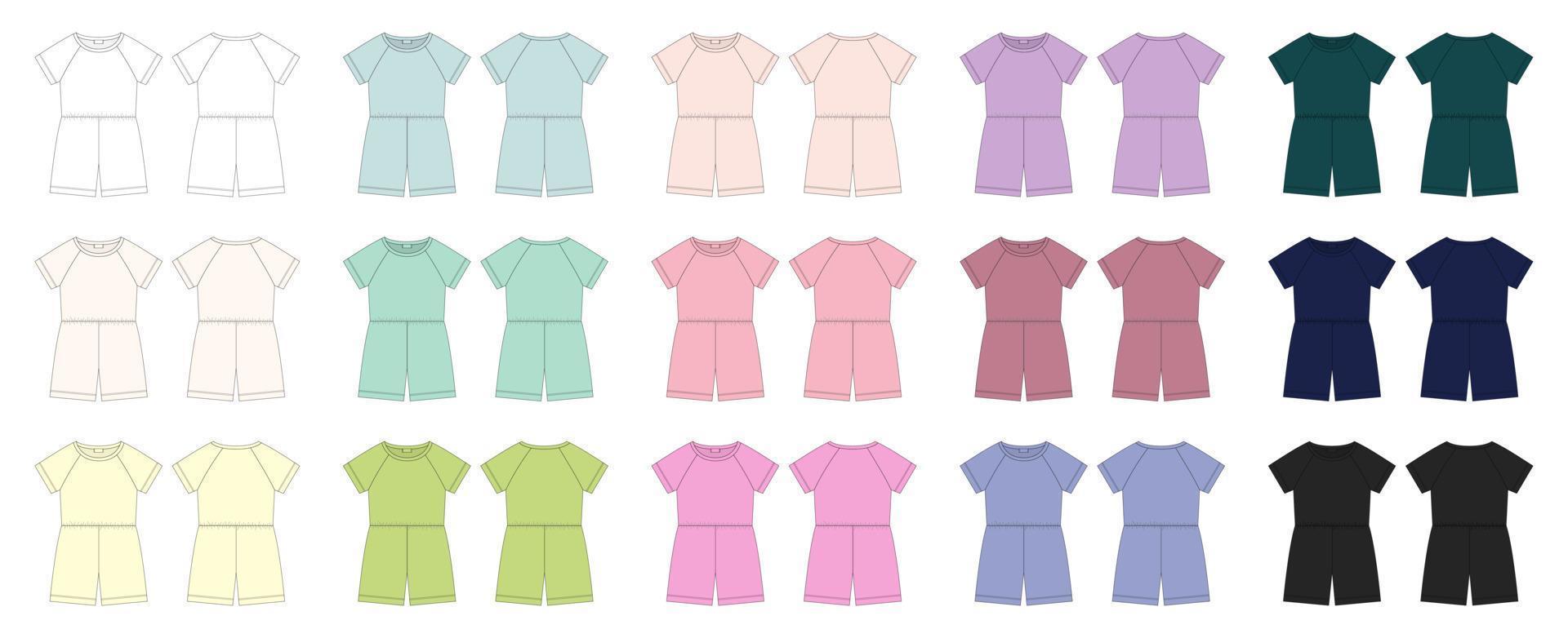 Set of cotton oversized raglan jumpsuit technical sketch. Women's romper design template multicolored collection. vector