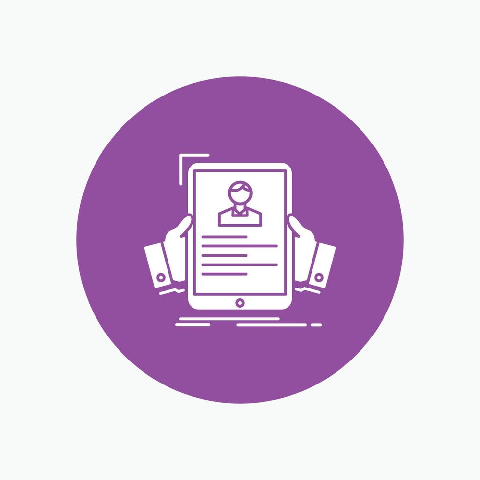 resume. employee. hiring. hr. profile White Glyph Icon in Circle. Vector Button illustration