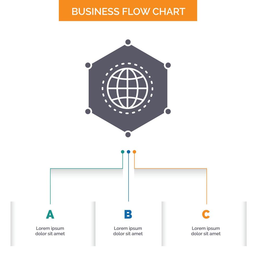 la red. global. datos. conexión. diseño de diagrama de flujo empresarial con 3 pasos. icono de glifo para el lugar de plantilla de fondo de presentación para texto. vector