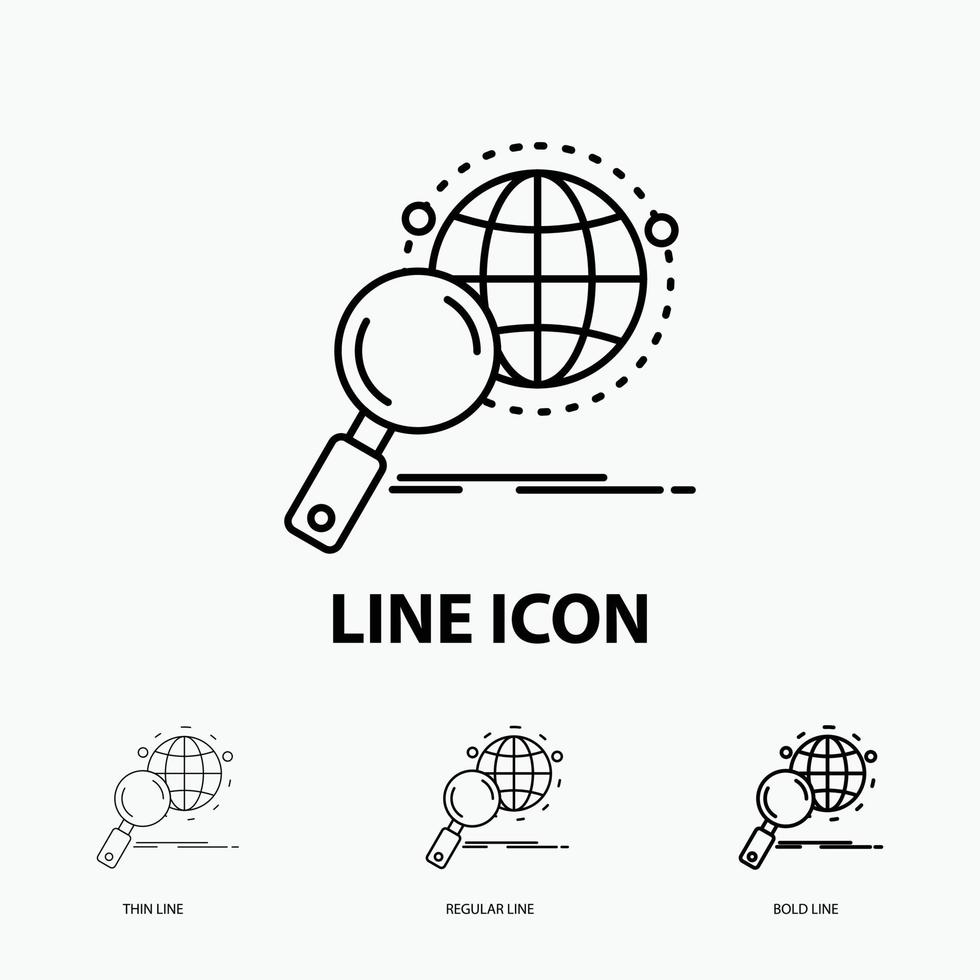 global. globe. magnifier. research. world Icon in Thin. Regular and Bold Line Style. Vector illustration