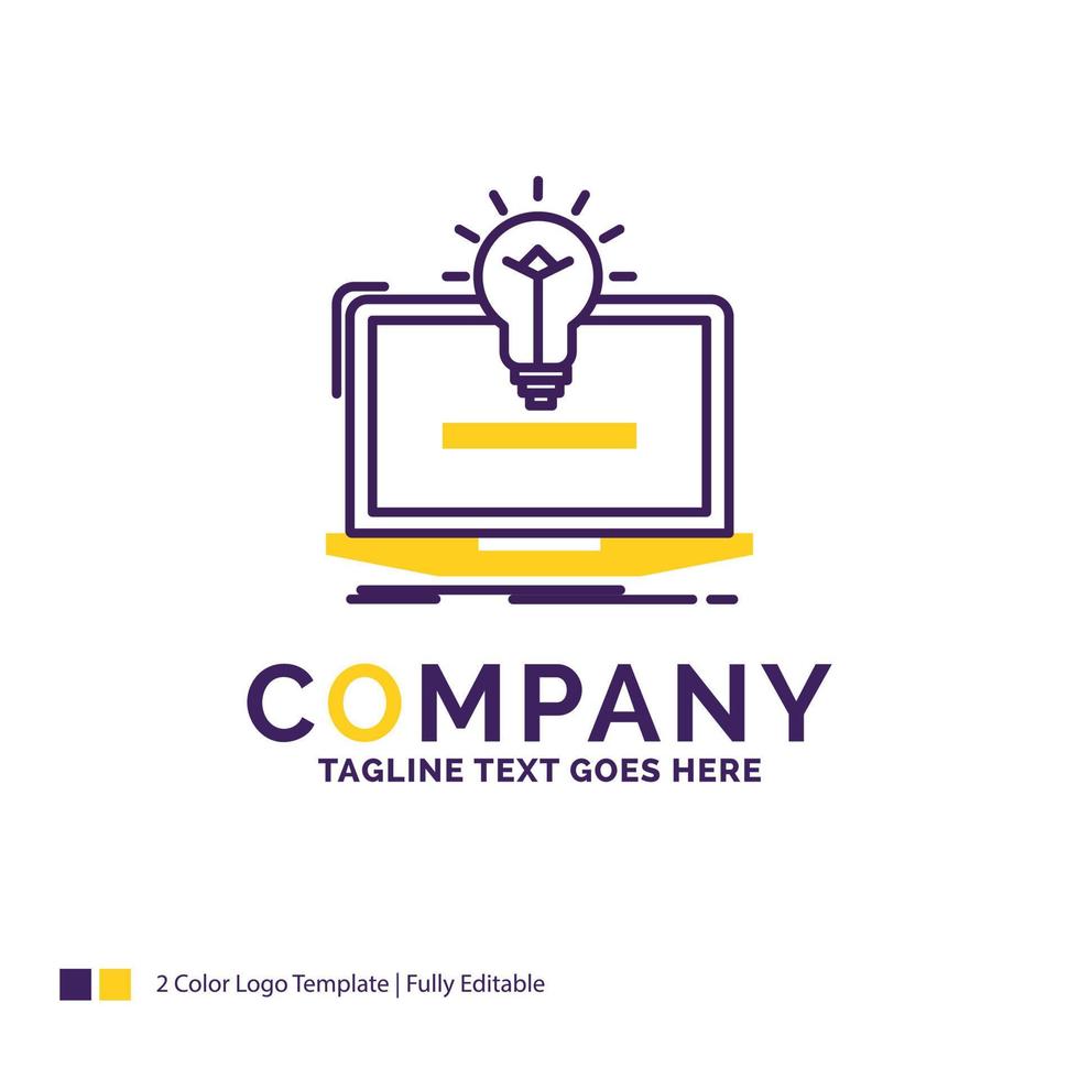 Company Name Logo Design For laptop. solution. idea. bulb. solution. Purple and yellow Brand Name Design with place for Tagline. Creative Logo template for Small and Large Business. vector