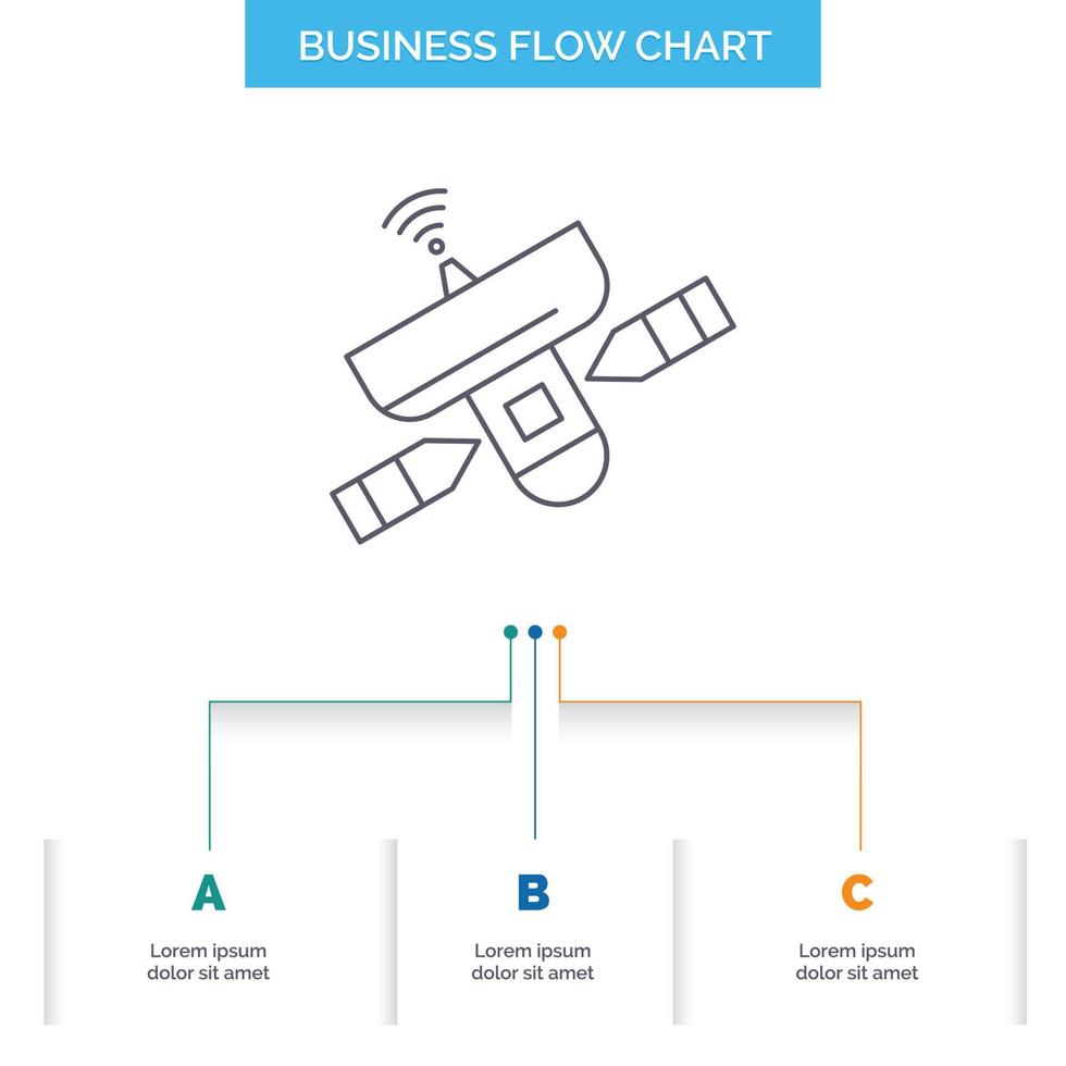 satellite. antenna. radar. space. Signal Business Flow Chart Design with 3 Steps. Line Icon For Presentation Background Template Place for text vector