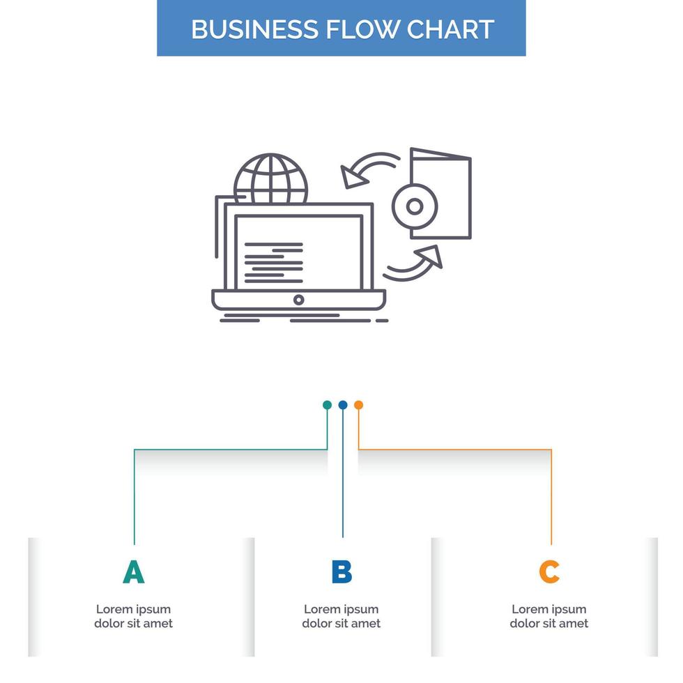 desct. en línea. juego. publicar. diseño de diagrama de flujo de negocio editorial con 3 pasos. icono de línea para el lugar de plantilla de fondo de presentación para texto vector